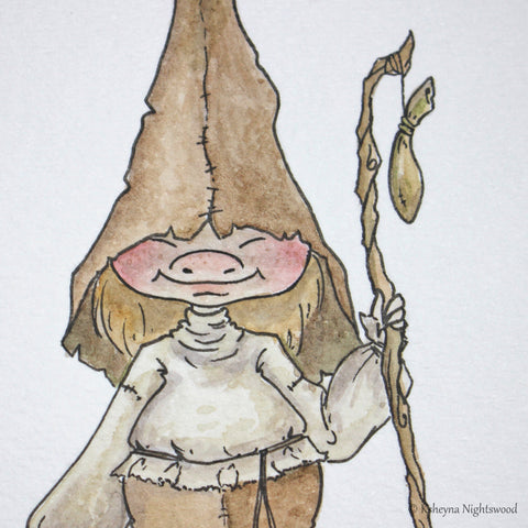 Original Watercolour - Brownie boy in Brown with a Staff