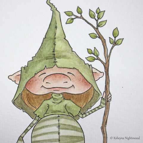 Original Watercolour - Brownie Boy in Green with a Branch Staff