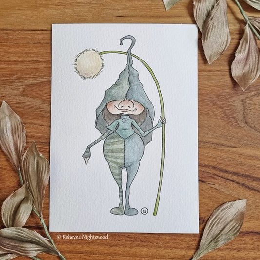 Original Watercolour - Brownie in Green Holding A Flower