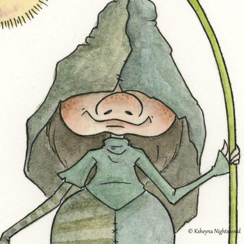Original Watercolour - Brownie in Green Holding A Flower