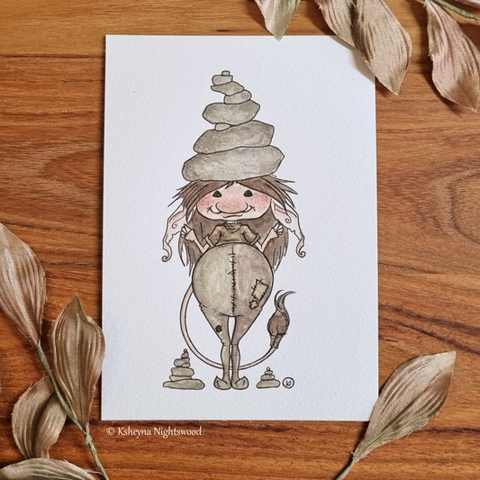 Original Watercolour - Brownie With Tall Stone Stack