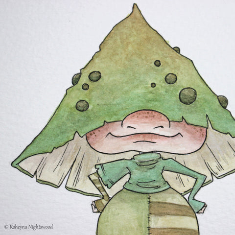 Original Watercolour - Green Mushroom Brownie Boy #2