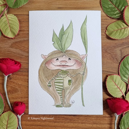 Original Watercolour - Leaf Brownie in Green