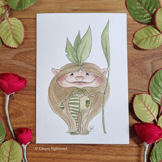 Original Watercolour - Leaf Brownie in Green