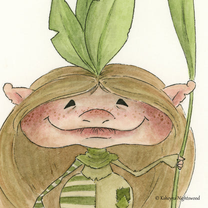 Original Watercolour - Leaf Brownie in Green