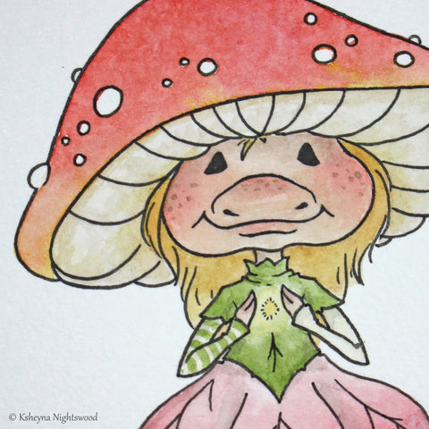 Original Watercolour - Mushroom Flower Brownie Girl